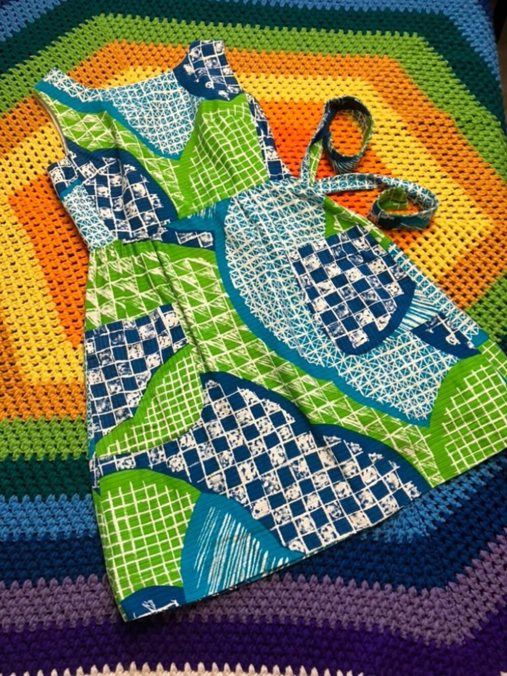 70's Vintage Malia Honolulu Hawaiian Blue Green Tiki Wrap Sundress Mini Dress